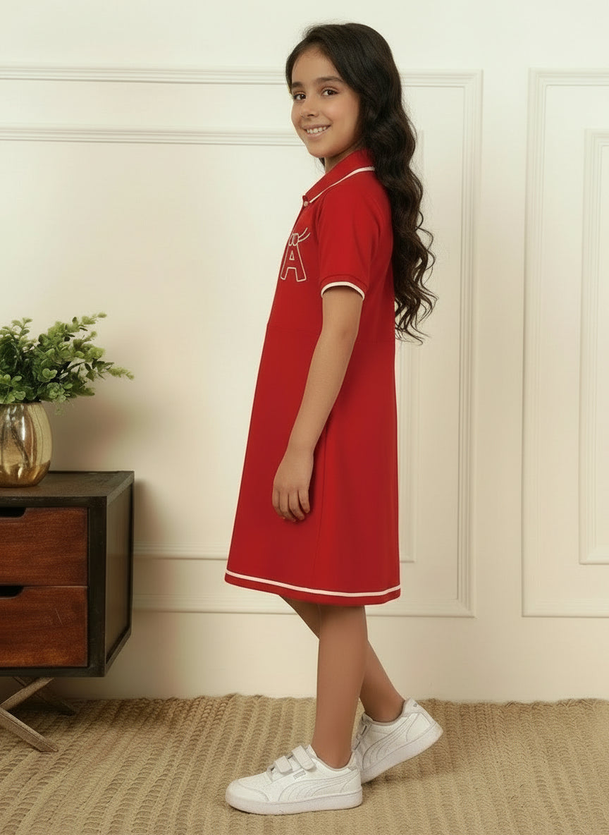 Red Cotton Polo Neck A-line Above Knee Length Dress