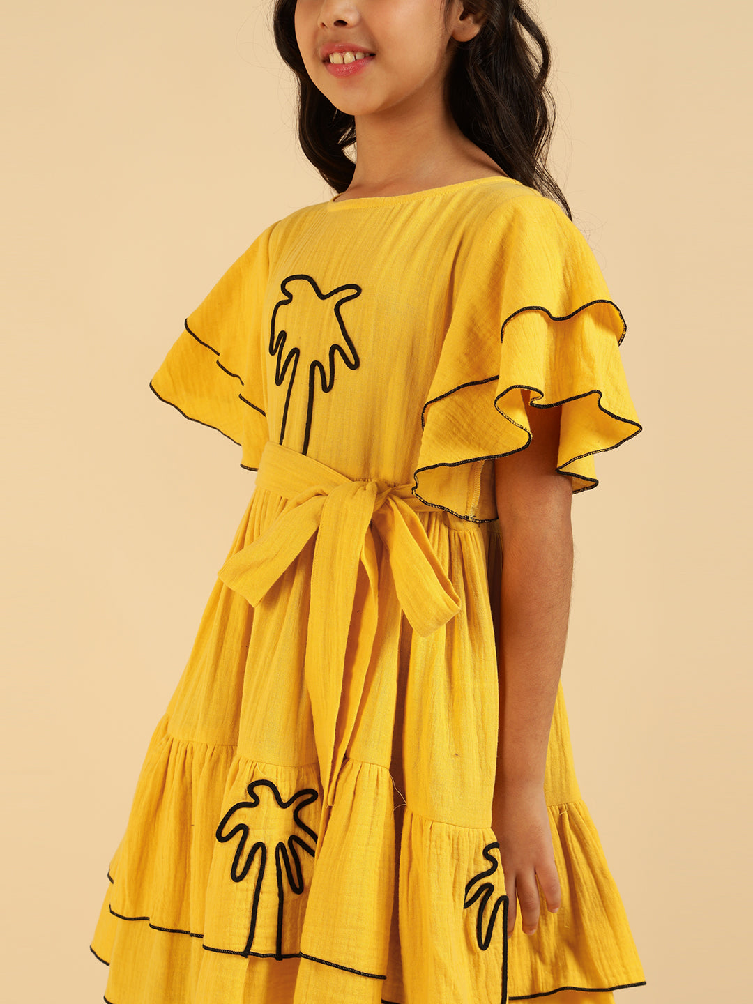 Yellow Embroidered Palm Motif Pure Cotton Gauze Girls Dress