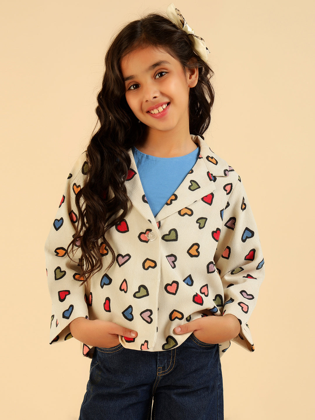 Girl Full Sleeves MultiColor Heart Print Blazer