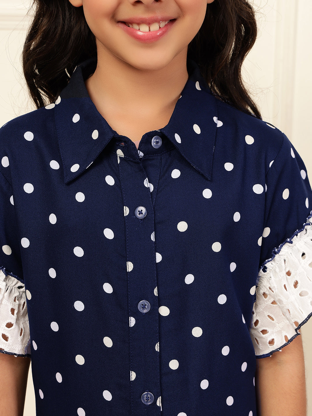 Polka Dot Loose-Fit Schiffli Tiered Shirt Dress