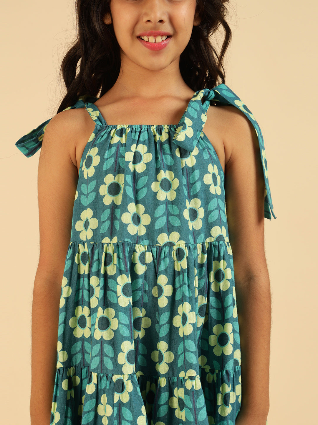 Pure Cotton Floral Print Tiered Girls Dress