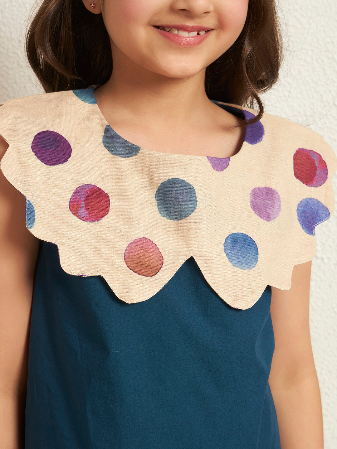 Girl's Teal Blue Cotton Poplin Solid With Polka Print A-Line Dress