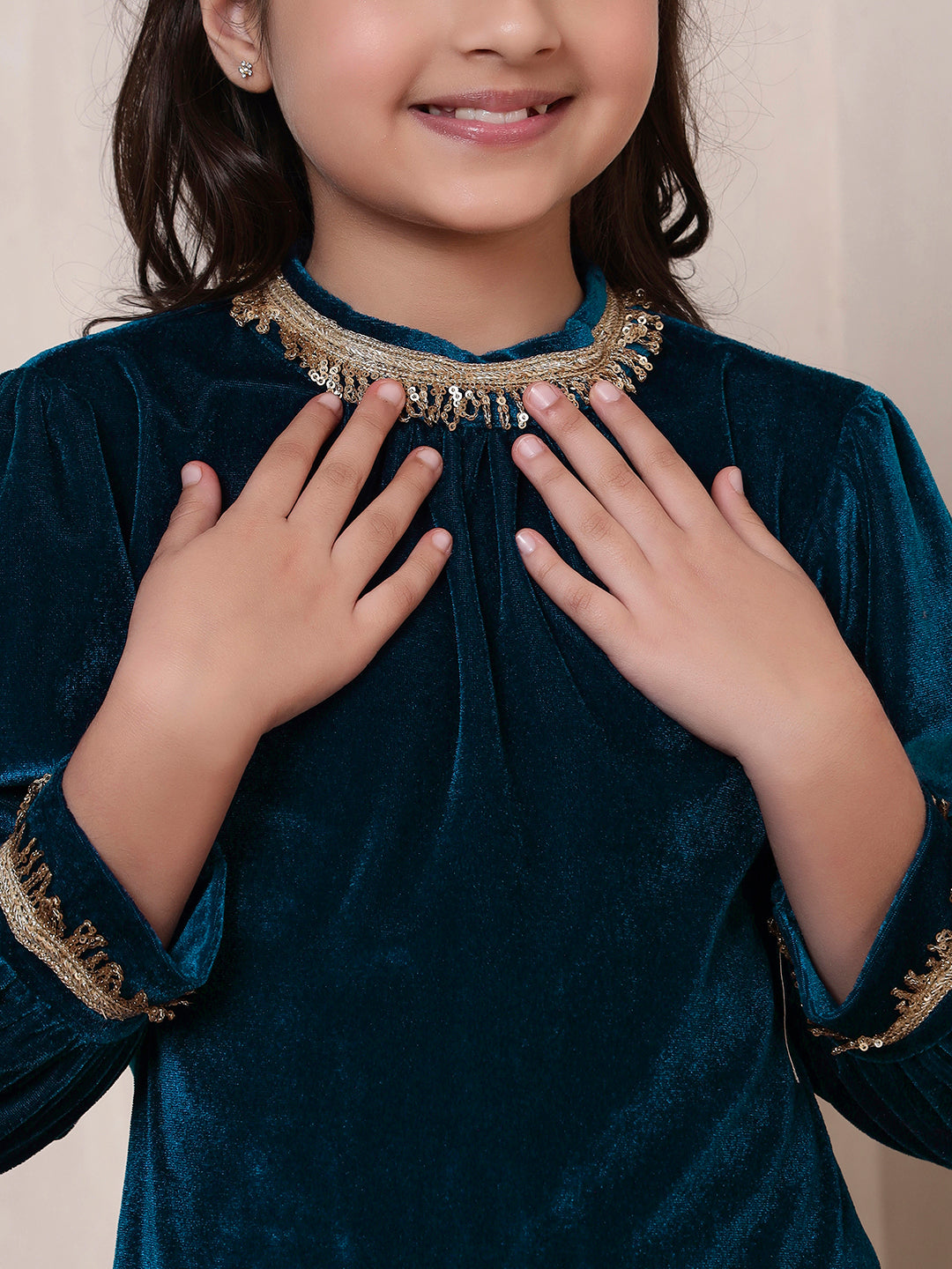 Teal Blue Velvet Band Collar Kurta Set