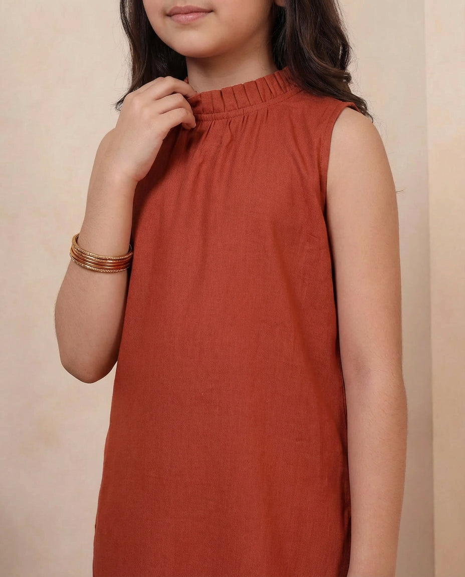 Brown Cotton Kurta With Gathered Pant Girls Co-ord Set