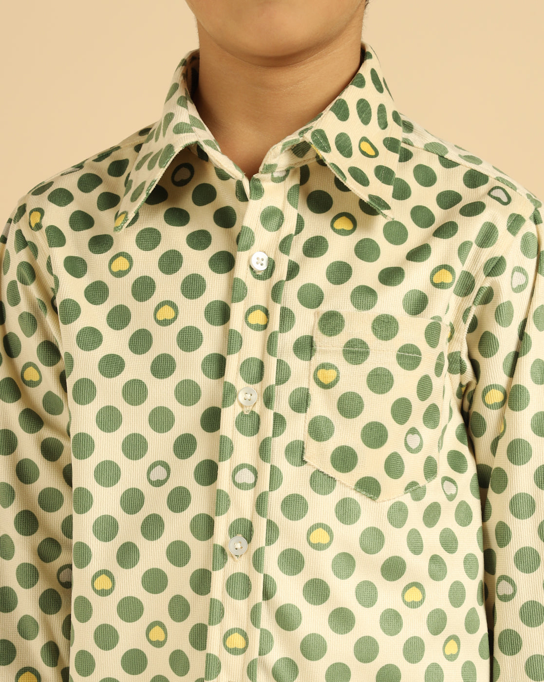 Green Pure Cotton Corduroy Polka Boys Shirt