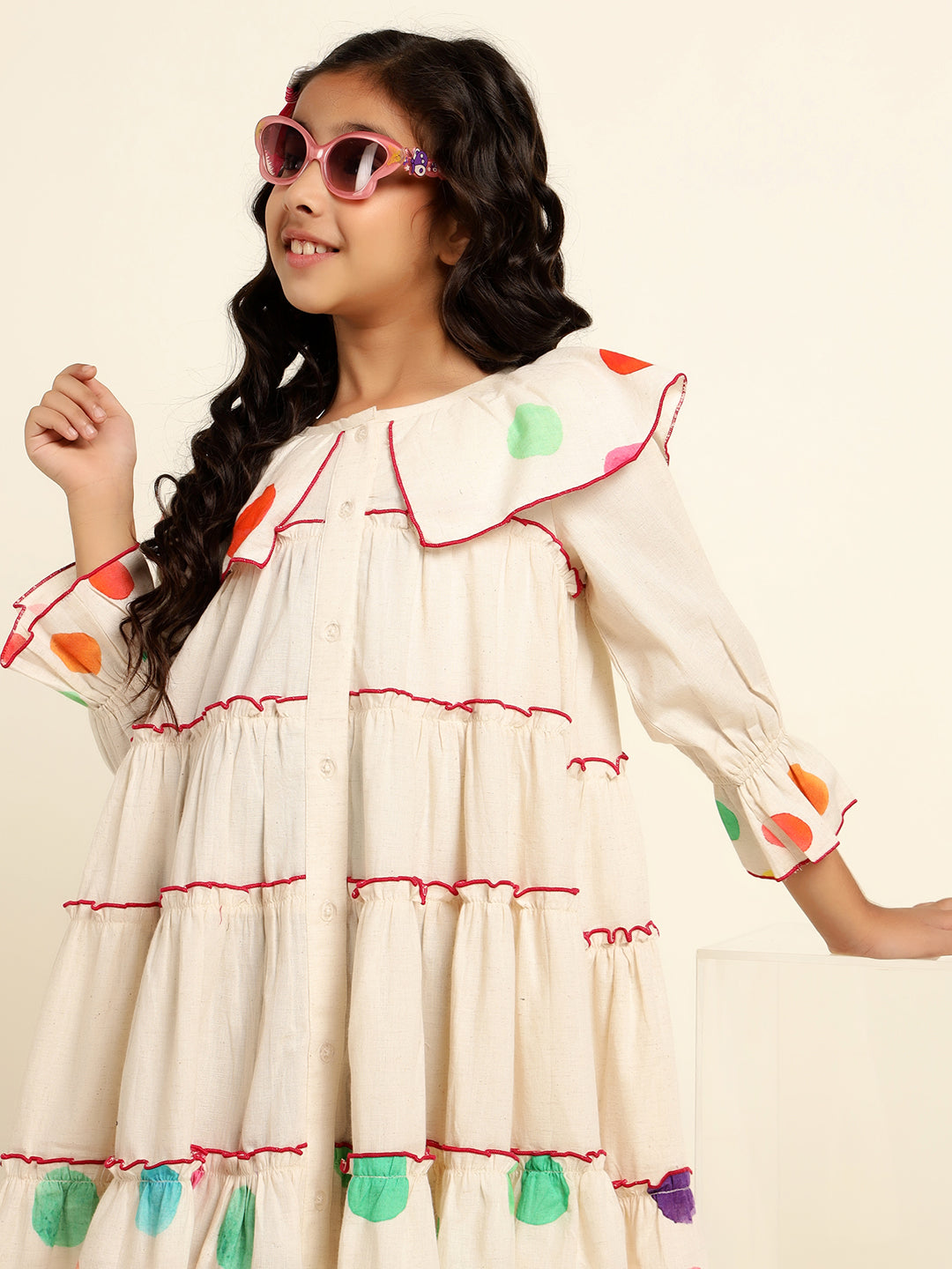 Polka Print Tiered Shirt Dress For Girl