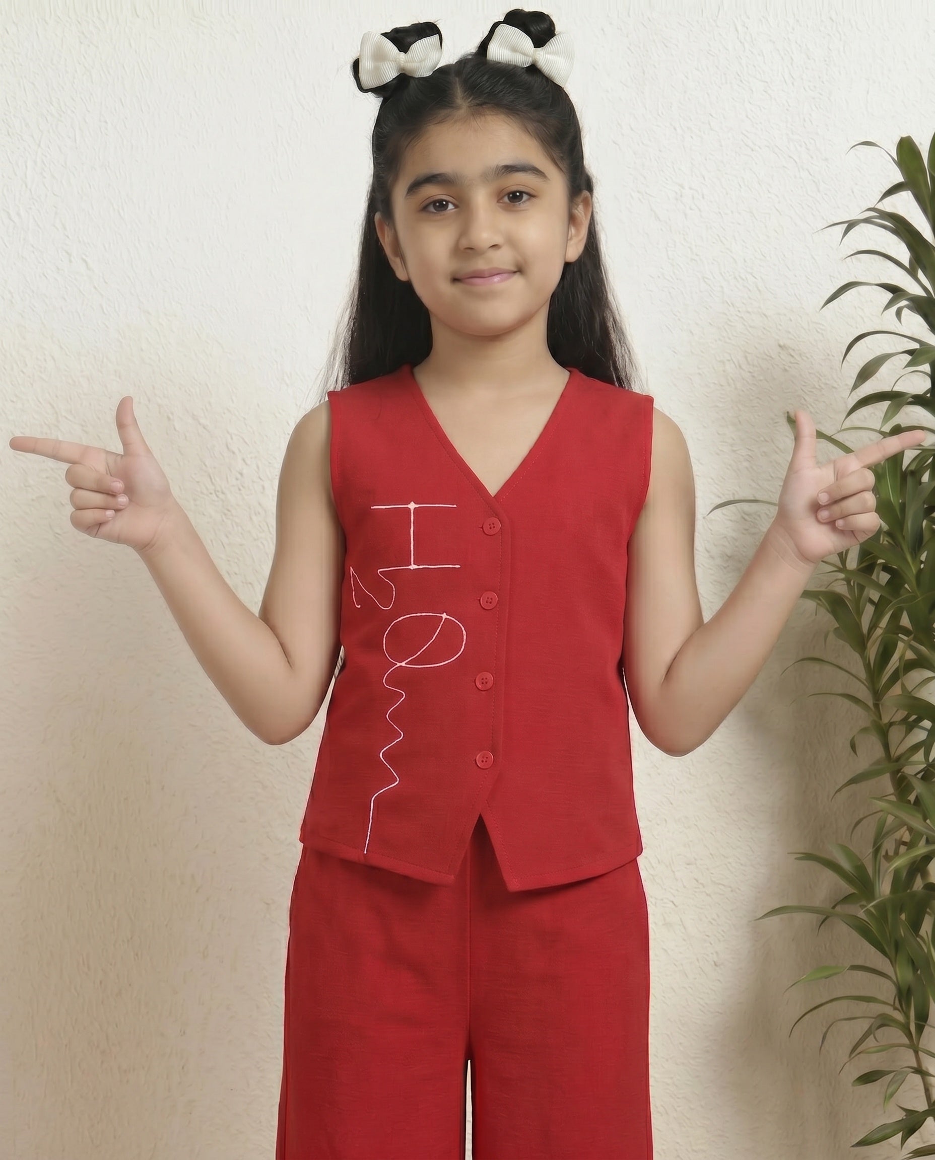 Red Cotton V-Neck Waist Coat With Palazzo Co-ord Set For Girls