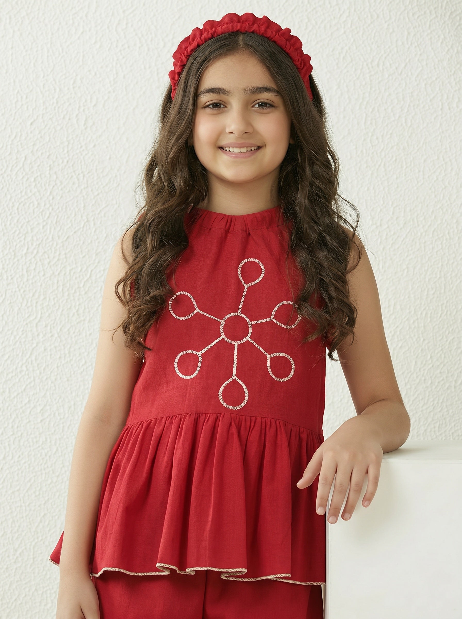 Red Halten Neck Embroidered Cotton Top With Shorts Co-ord Set