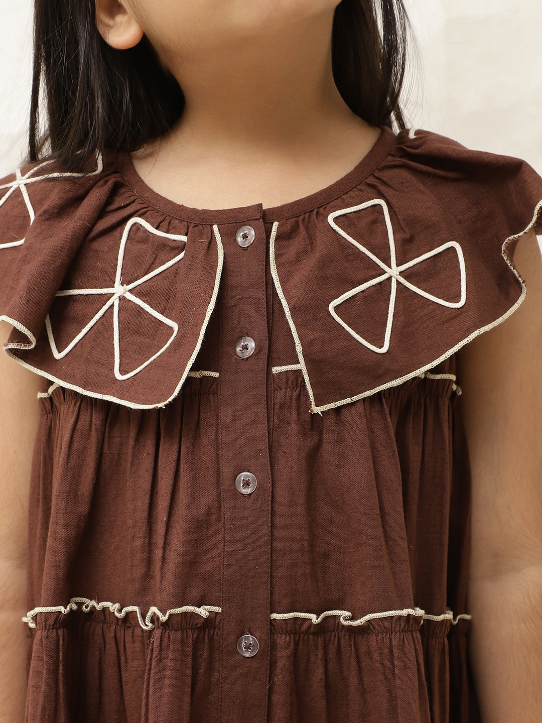 Pure Cotton Brown Embroidered Tiered Dress