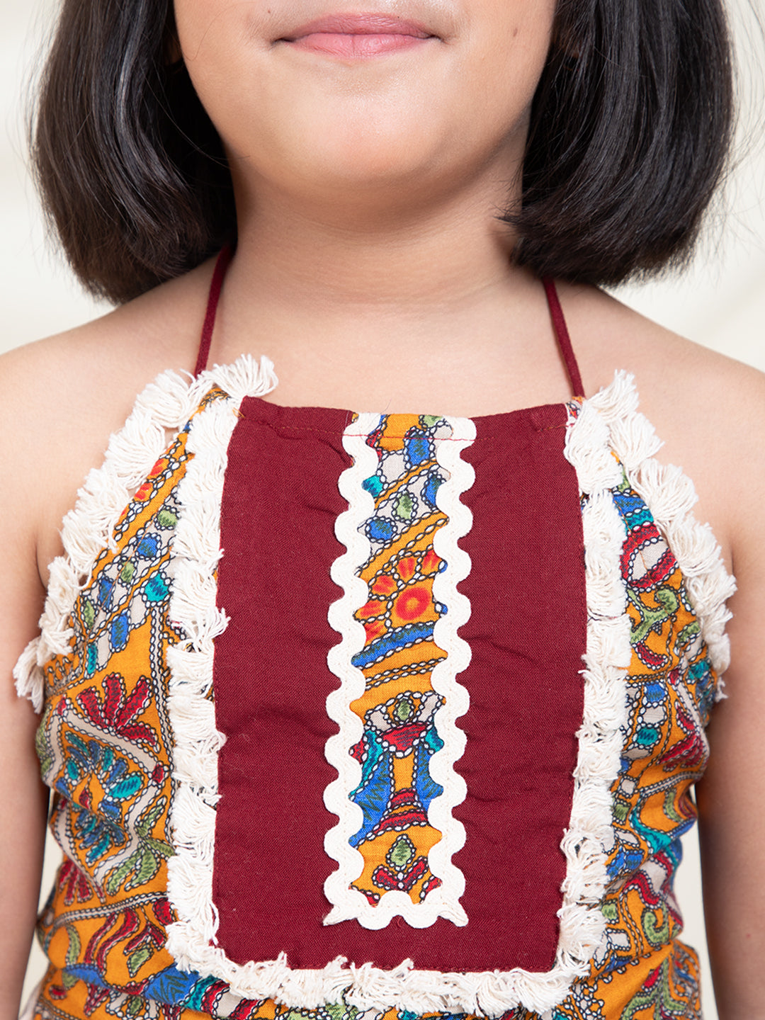 Abstract Print Adjustable Halter Neck Top With Solid Palazzo