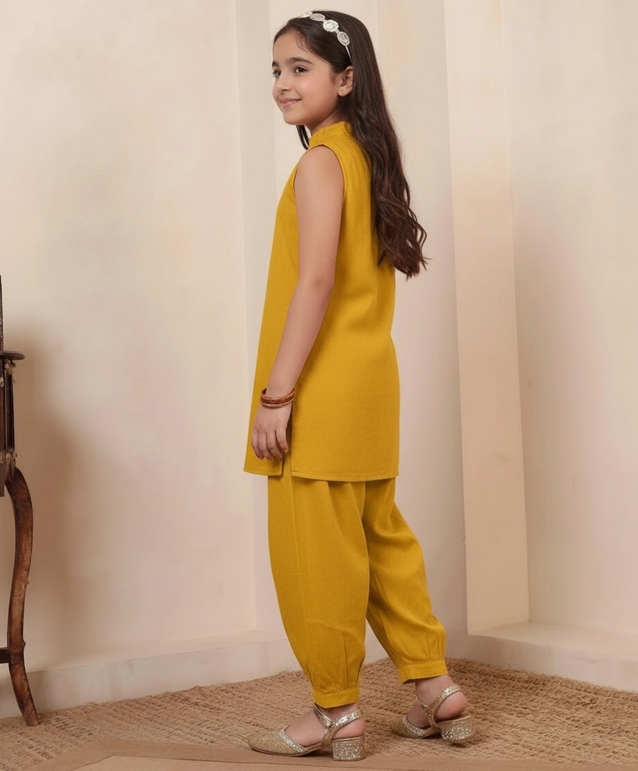 Yellow Cotton Kurta With Gathered Pant Girls Co-ord Set