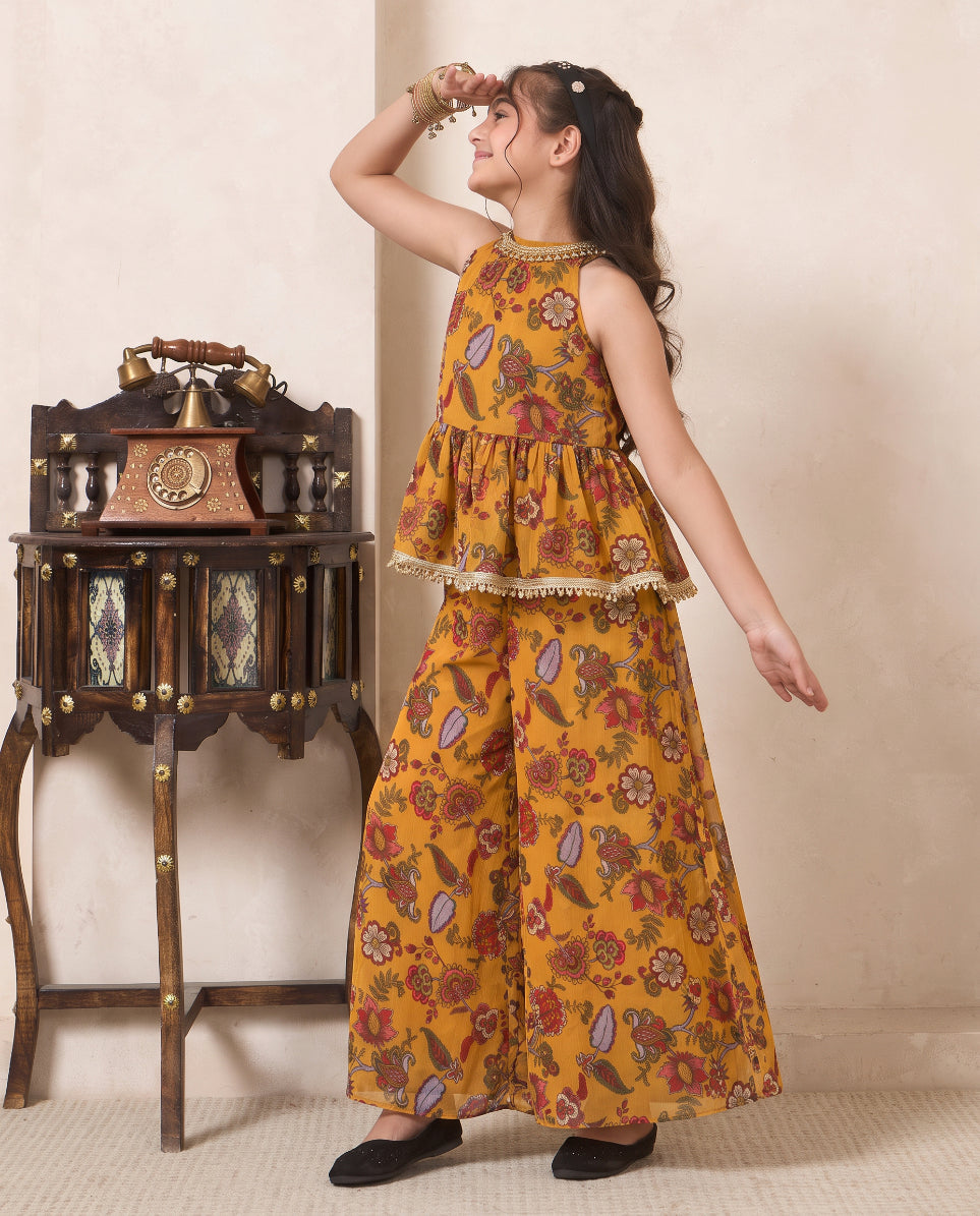 Girl's Mustard Paisley Print Chiffon Peplum Top & Palazzo Set