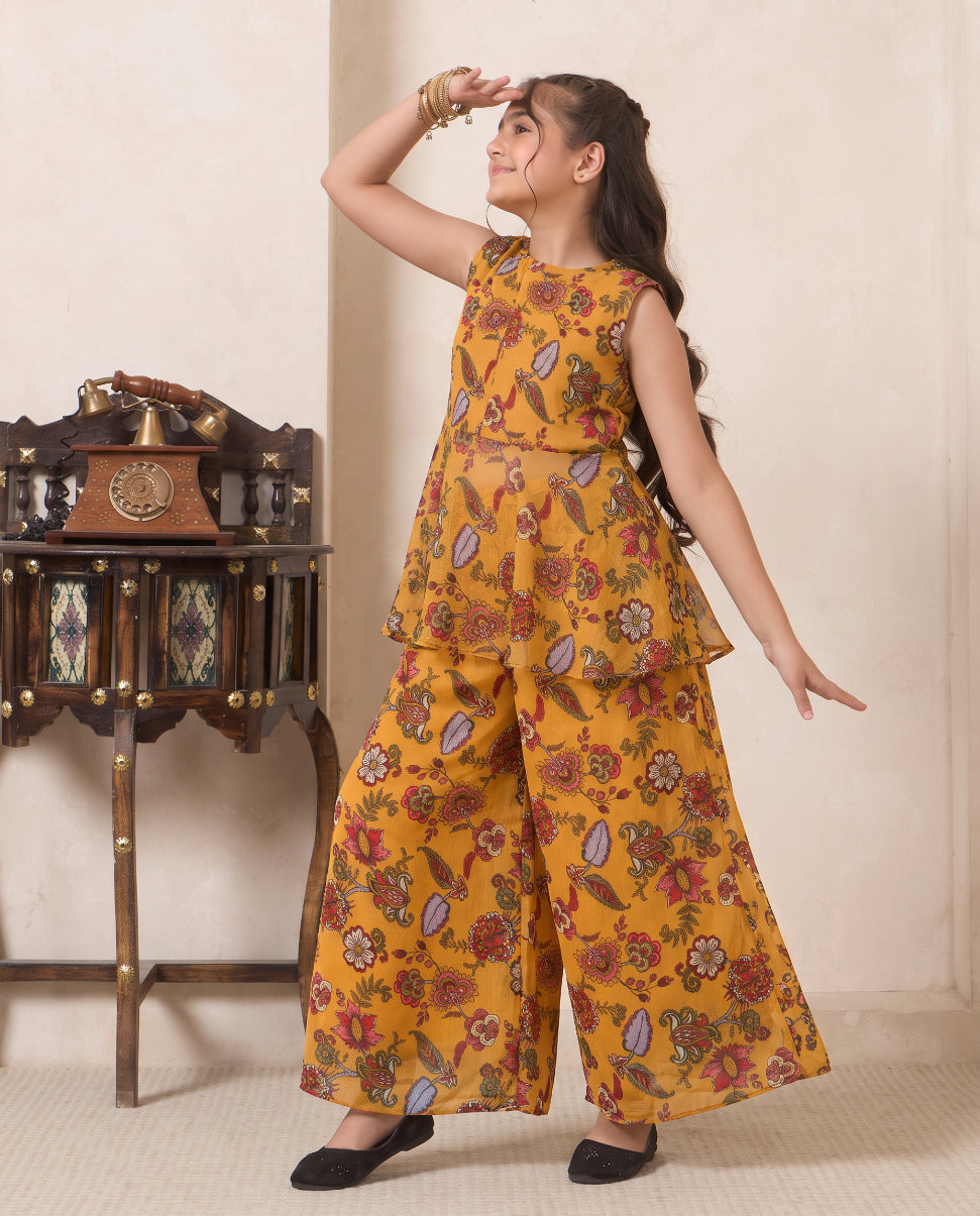 Girl's Mustard Paisley Print Peplum Top & Palazzo Set