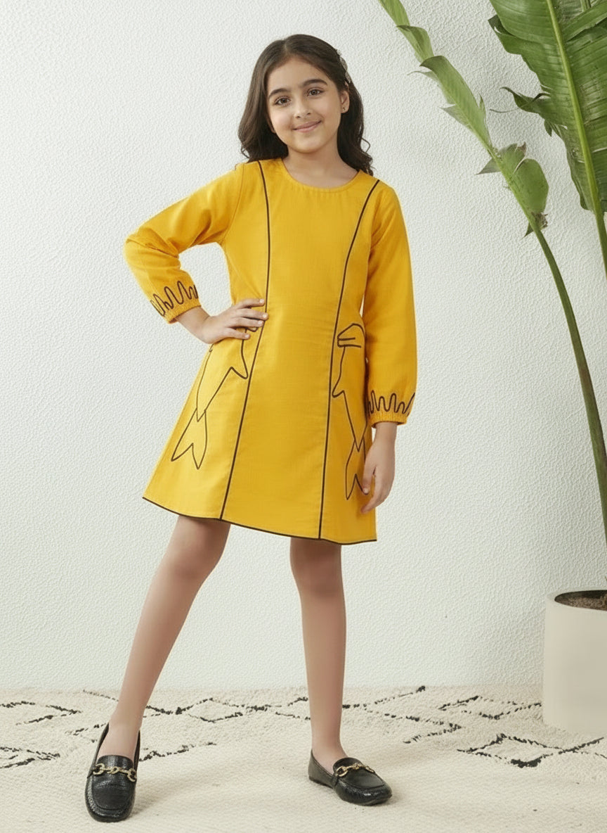 Yellow Cotton Fish Motif Above Knee Length Dress