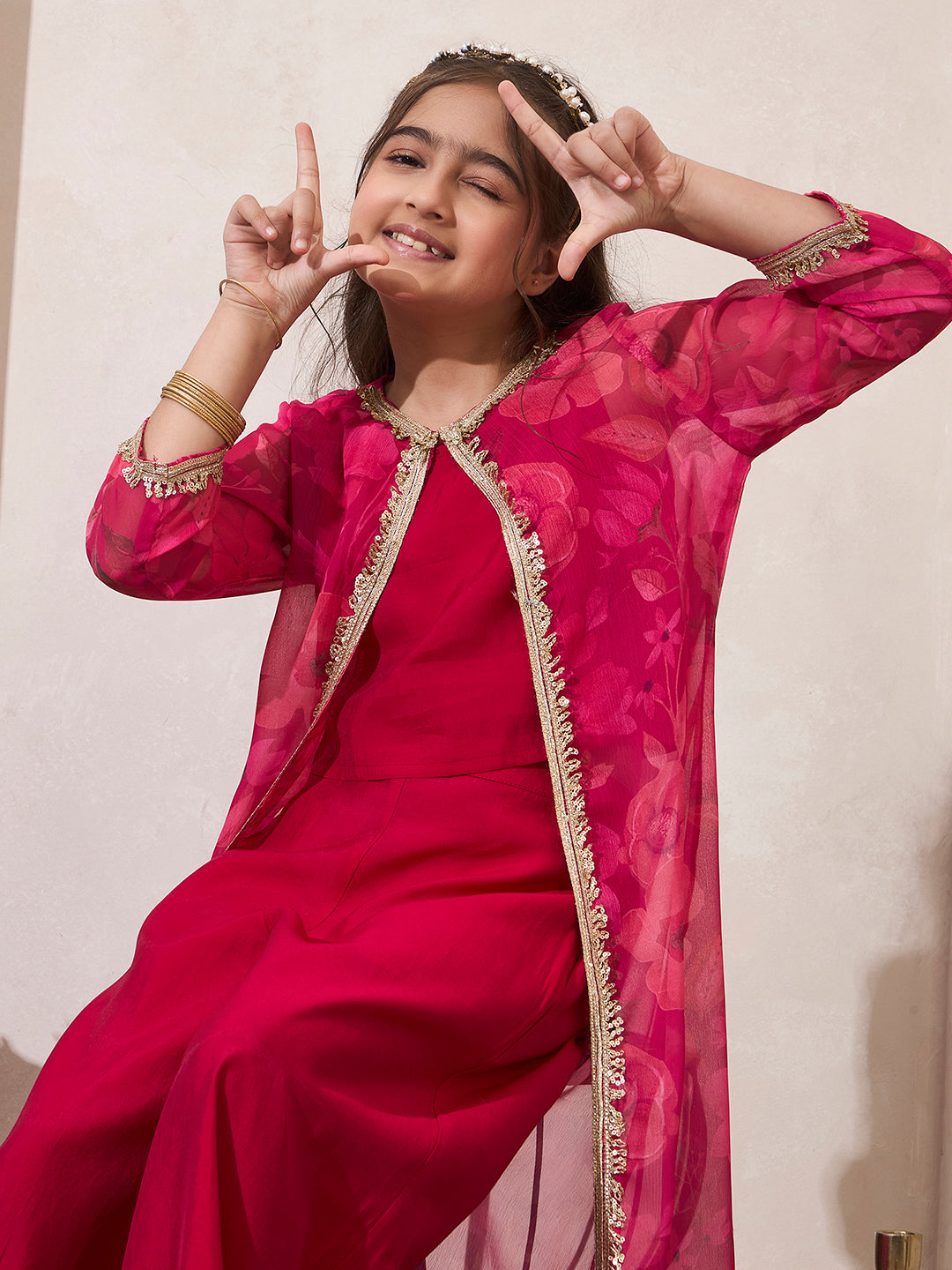 Magenta Floral Print Shrug With Top & Palazzo Set