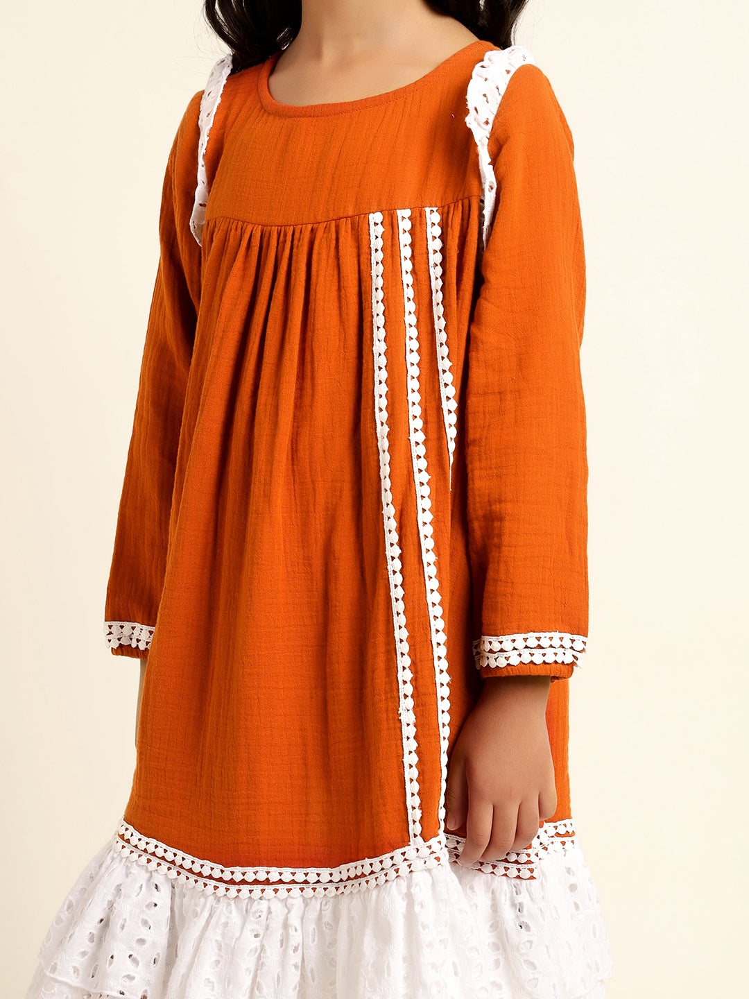 Pure Cotton With Schiffli Tiered Dress For Girls