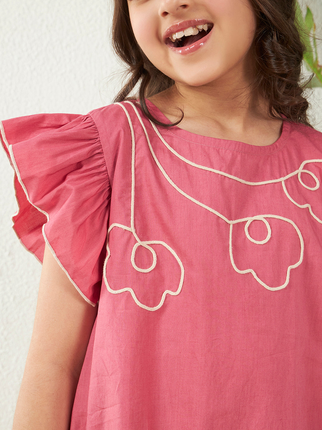 Girls Pink Cotton Poplin Floral Dori Work A-Line Dress