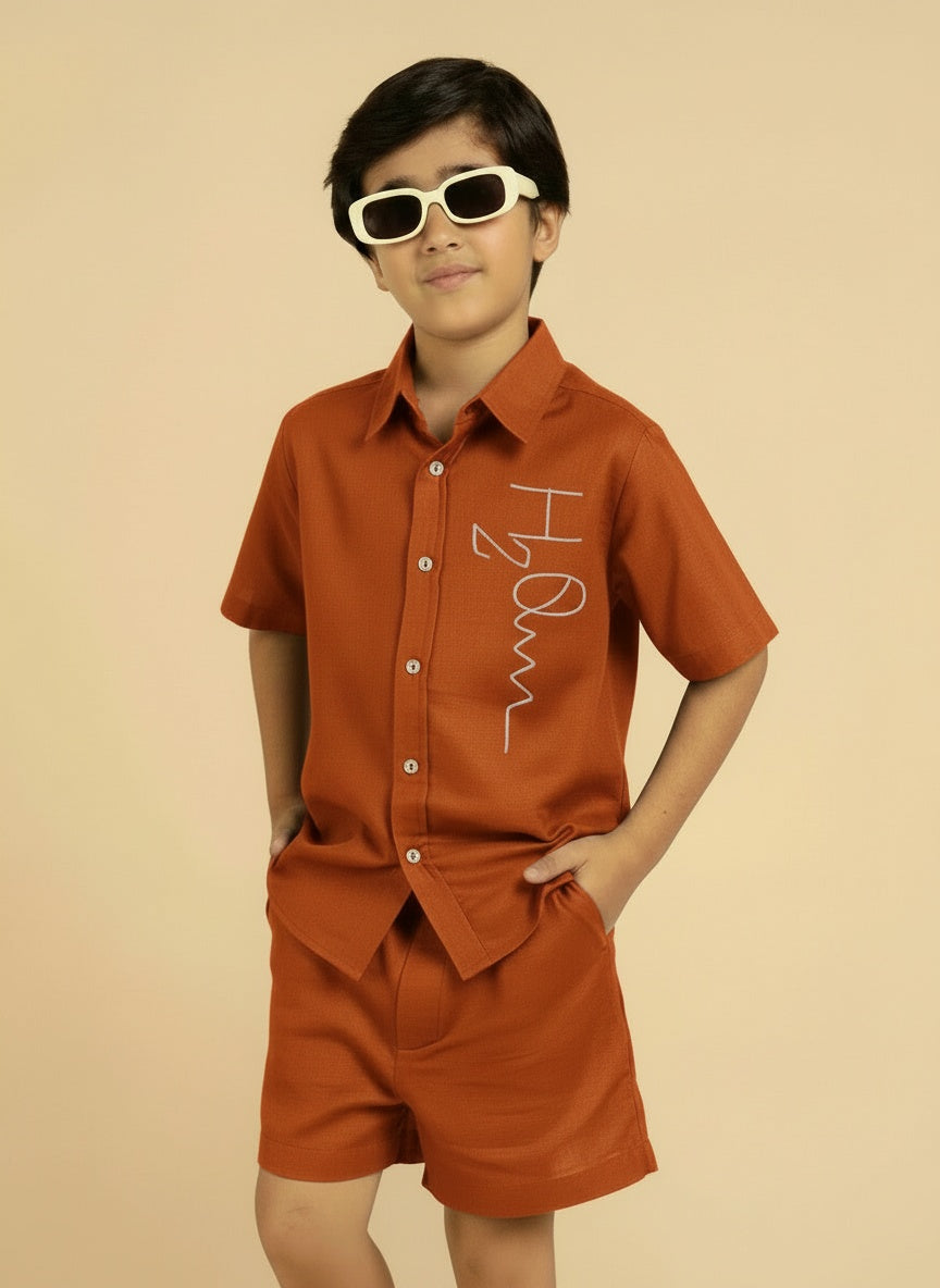 Rust Shirt Collar Solid Tan Embroidered Cotton Shirt With Shorts