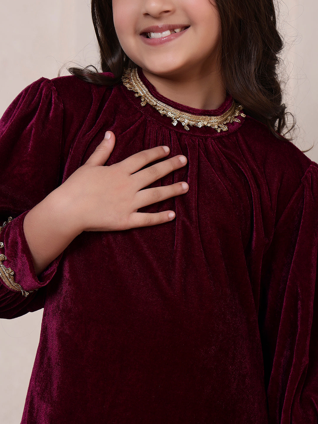 Velvet Band Collar Fusion Kurta Set