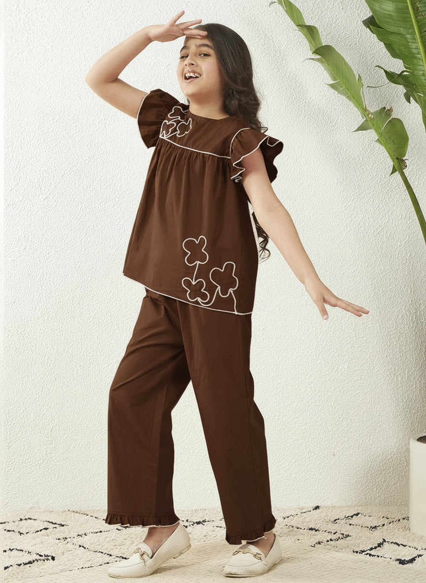 Girls Dark Brown Cotton Poplin Dori Work Top& Frill Pant Co-Ord Set