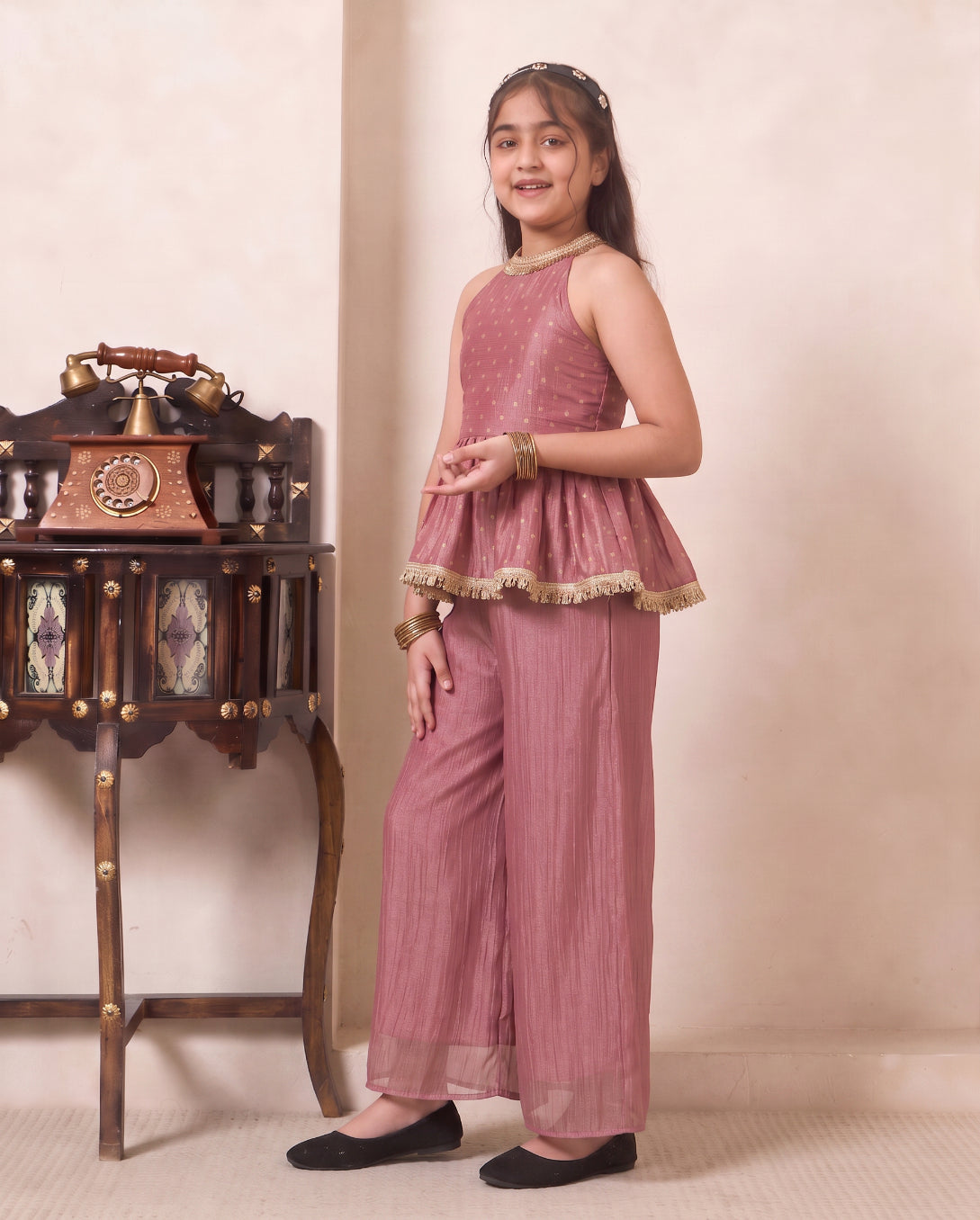 Girl's Pink Solid Shimmer Butta Peplum Top & Palazzo Set