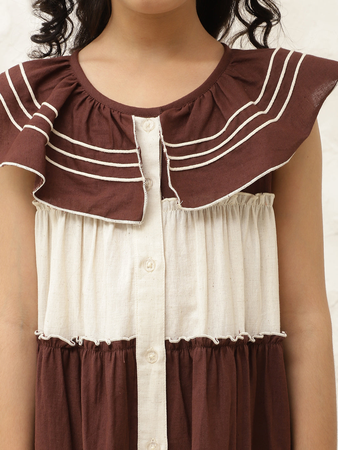 Pure Cotton Colorblock Embroidered Tiered Dress