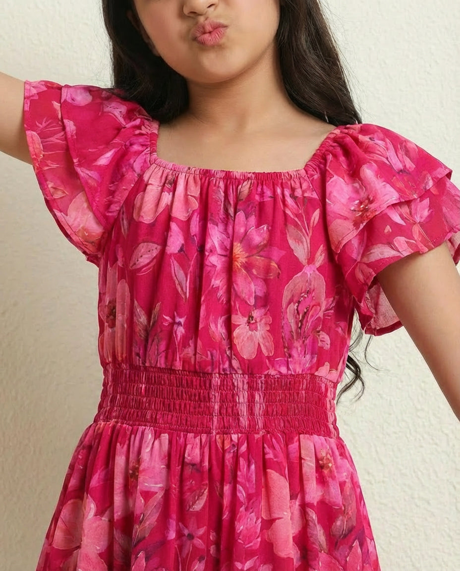 Magenta Tiered Dress For Kids