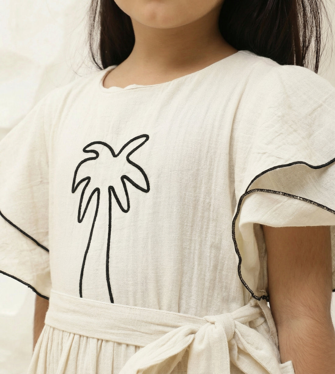 Embroidered Palm Motif Pure Cotton Gauze Dress For Girls