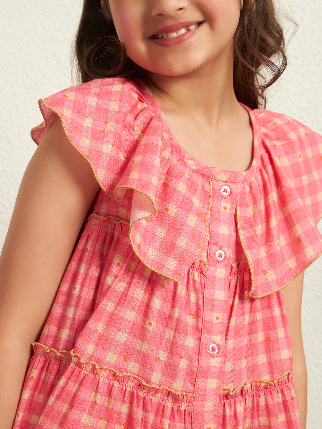 Girl's Carrot Pink Cotton Flex Check Print Shirt Style Tiered Dress