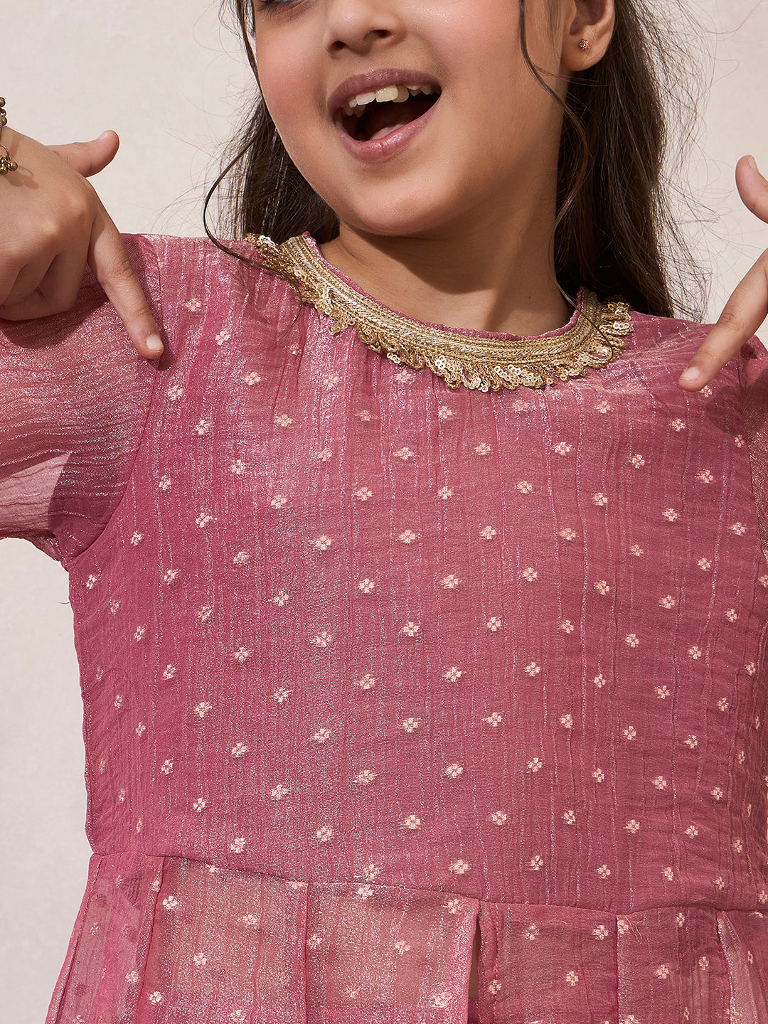 Girl's Pink Shimmer Butti Work Long Kurta & Pant Set