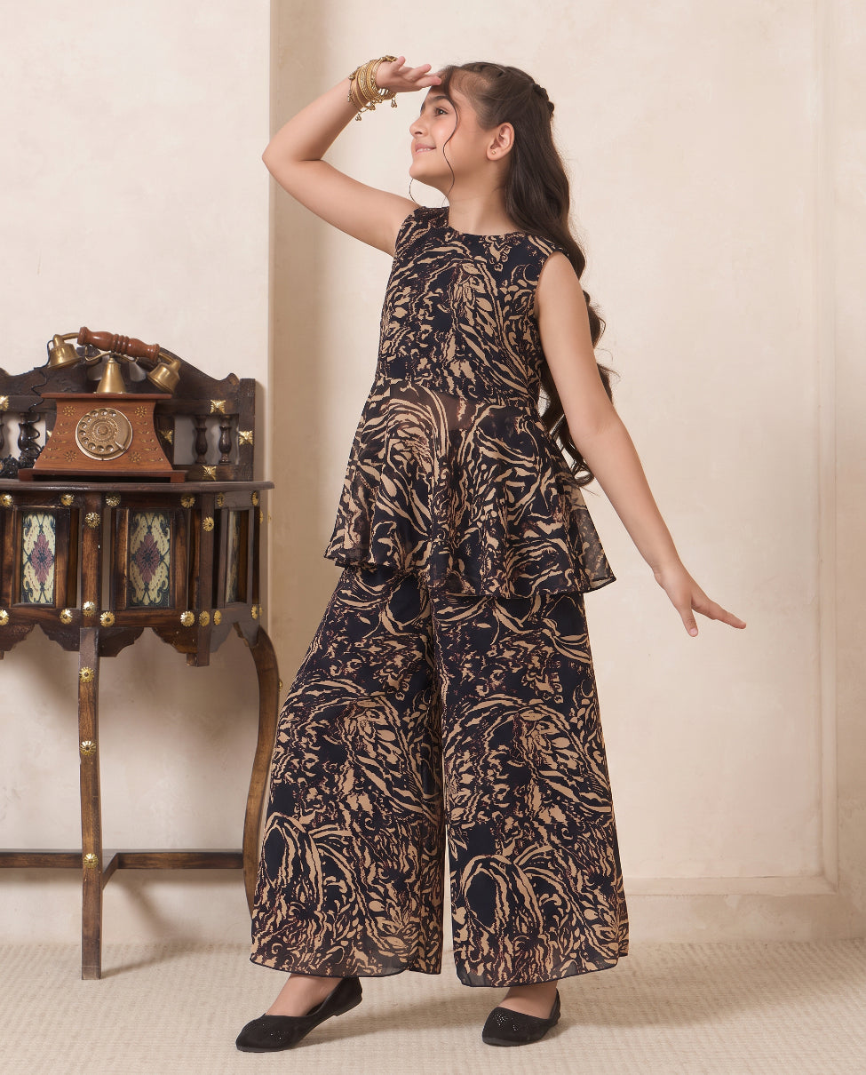Girl's Black Abstract Print Chiffon Peplum Top & Palazzo Set