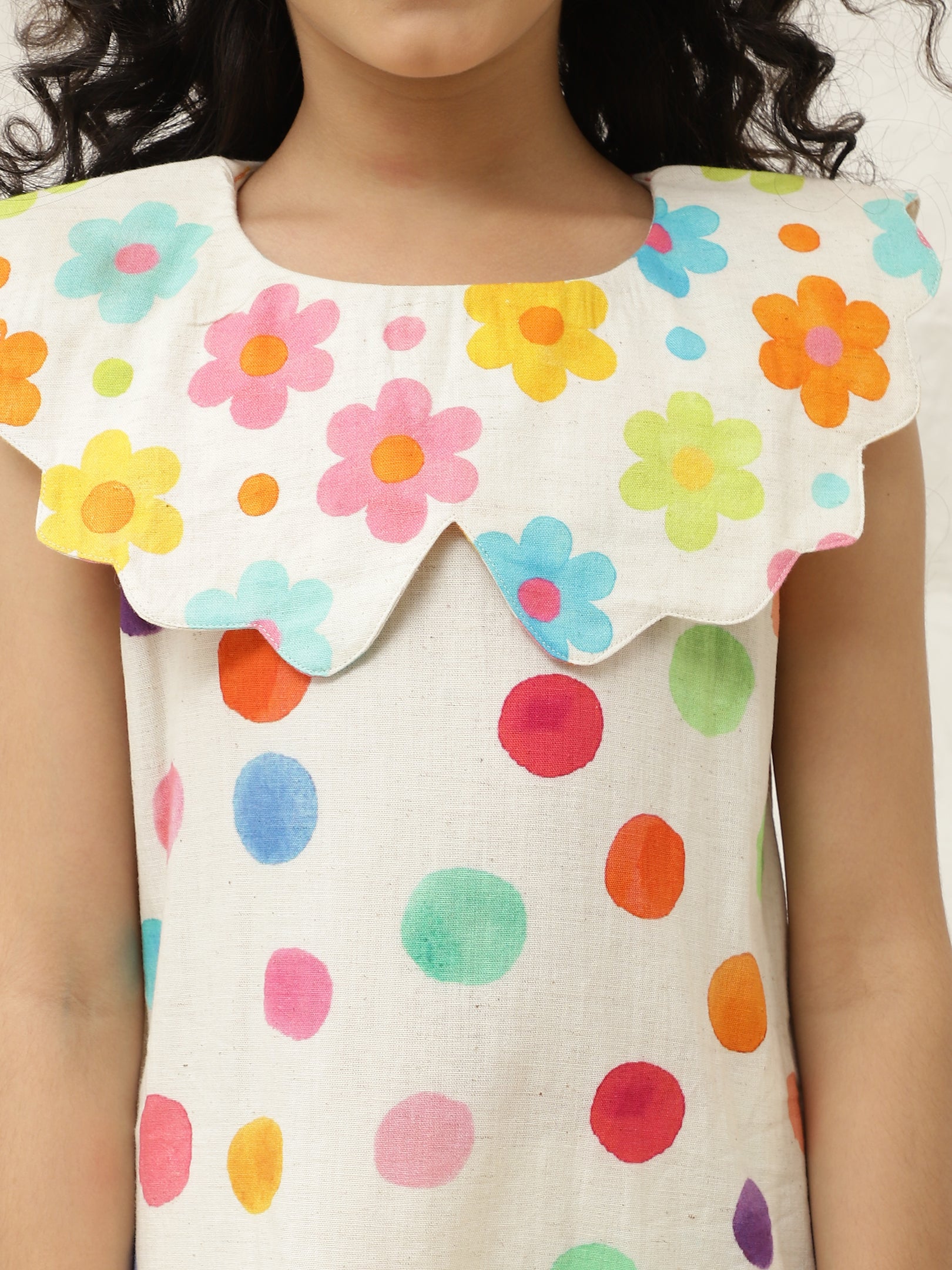 Pure Cotton Multicolor Scalloped Collar A-Line Dress