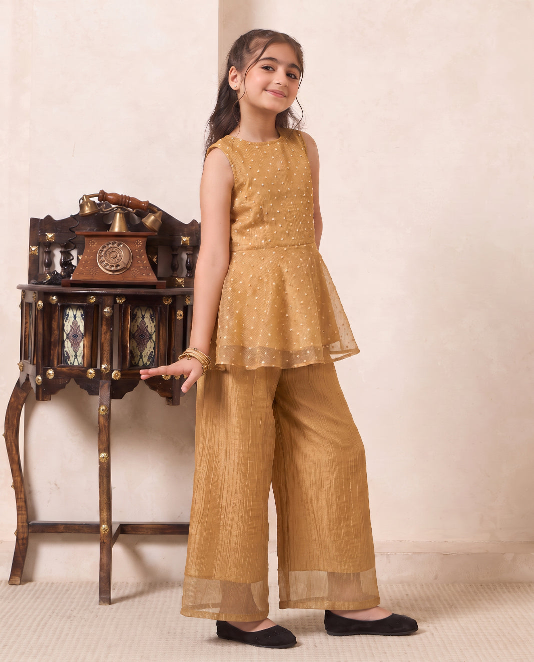 Girl's Golden Solid Shimmer Butta Peplum Top & Palazzo Set