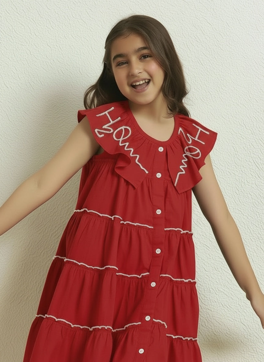 RED SHIRT STYLE TIERED DRESS FOR GIRLS