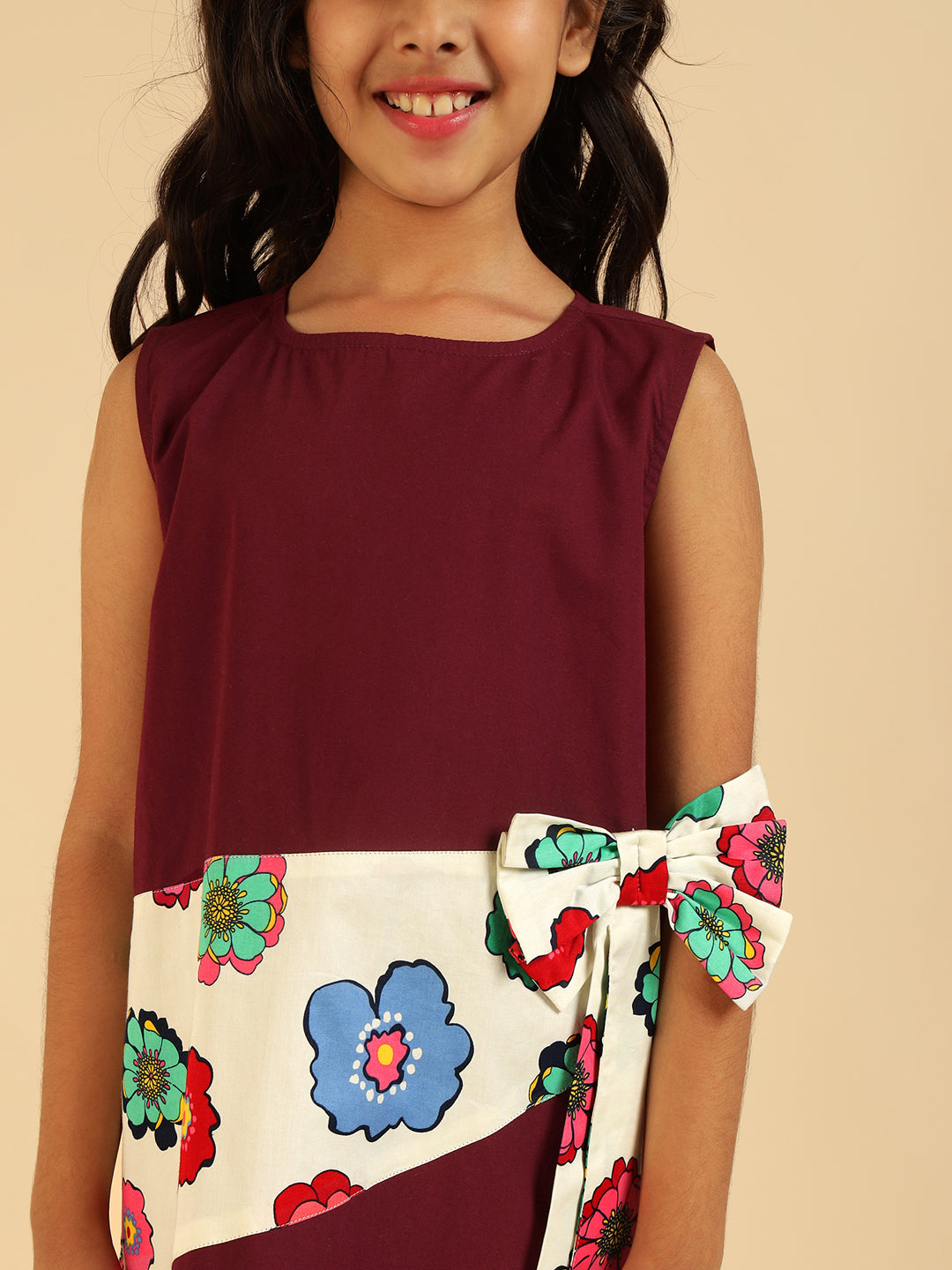 Wine With Floral Printed Bow Style Girls Dress