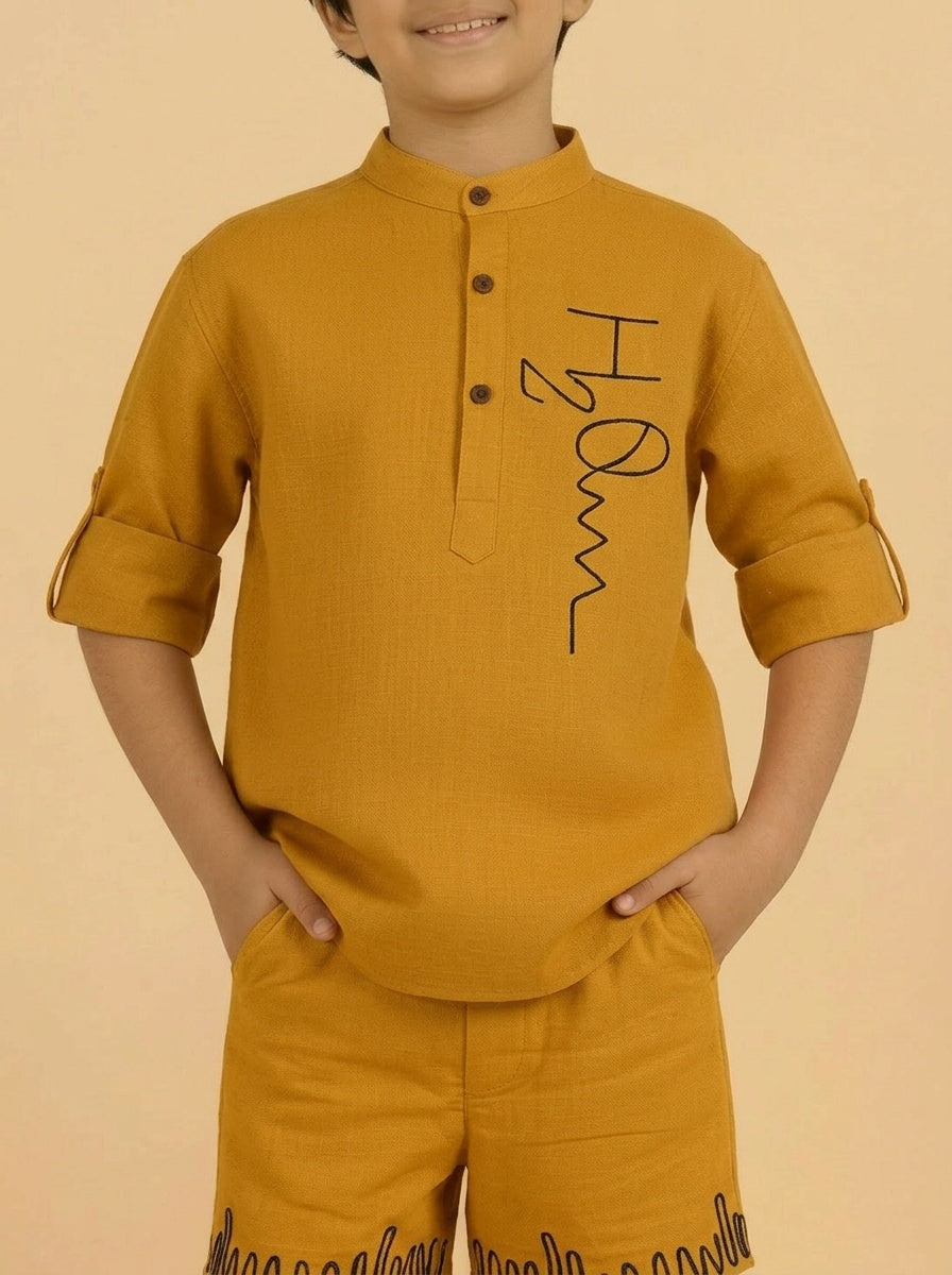 Yellow Cotton Mandarin Collar Embroidered Short Kurta With Short Co-ord Set