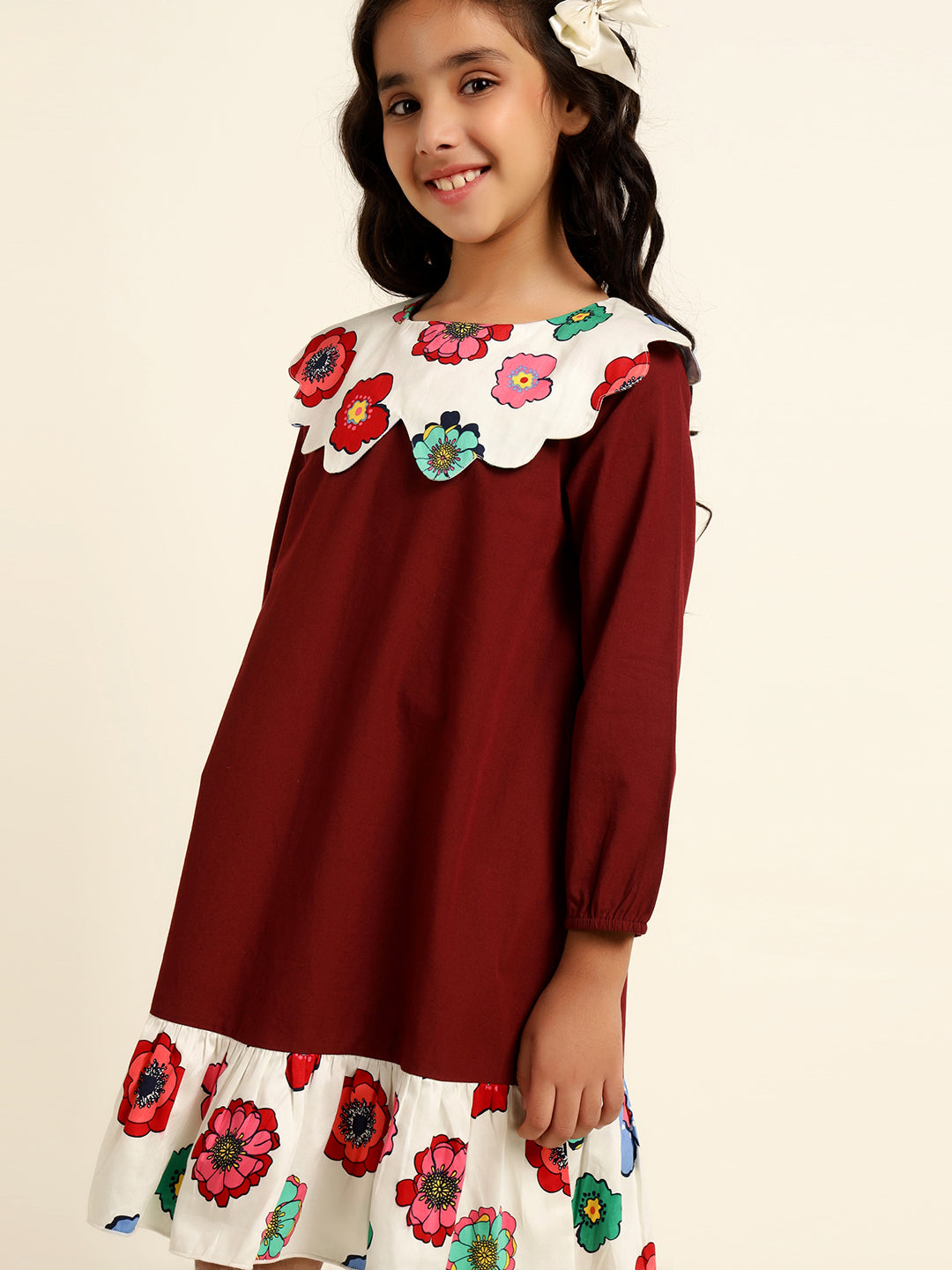 Full Sleeves Scalloped Collar A-Line Dress