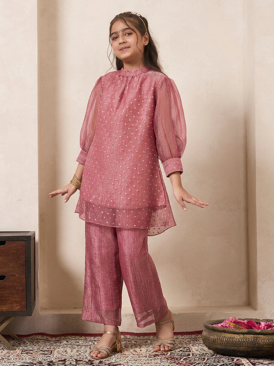 Pink Solid Shimmer Butta Work Gathered Neck Kurta With Pant