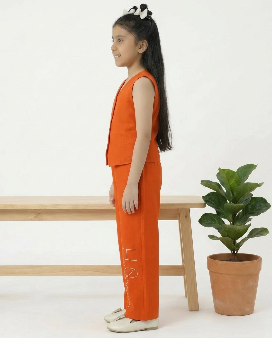 Orange Cotton  V-Neck Embroidered Waistcoat With Palazzo Co-ord Set For Girls