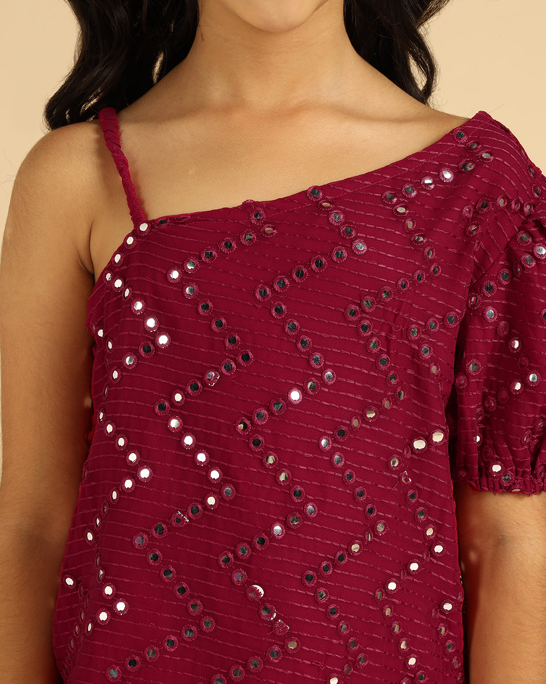 Magenta Embroidered One Shoulder With Palazzo Girls Co-Ord Set
