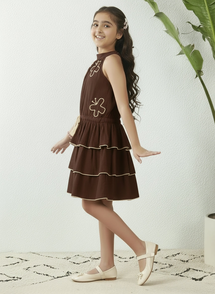 Girls' Brown Cotton Tiered Halter Dress with Butterfly Embroidery and Tassel Detail