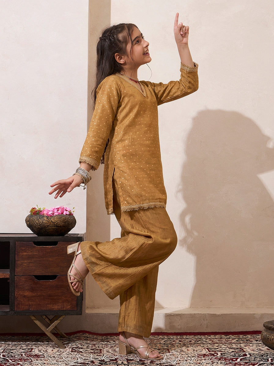 Golden Solid Shimmer Butta Fusion Wear Kurta & Palazzo With Dupatta Set