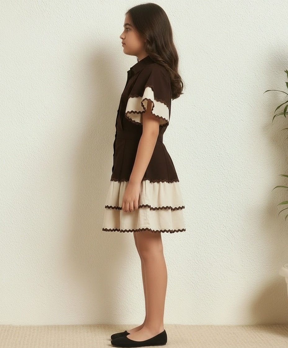 Border Lace Solid Shirt With Layered Skirt Girls Co-ord Set