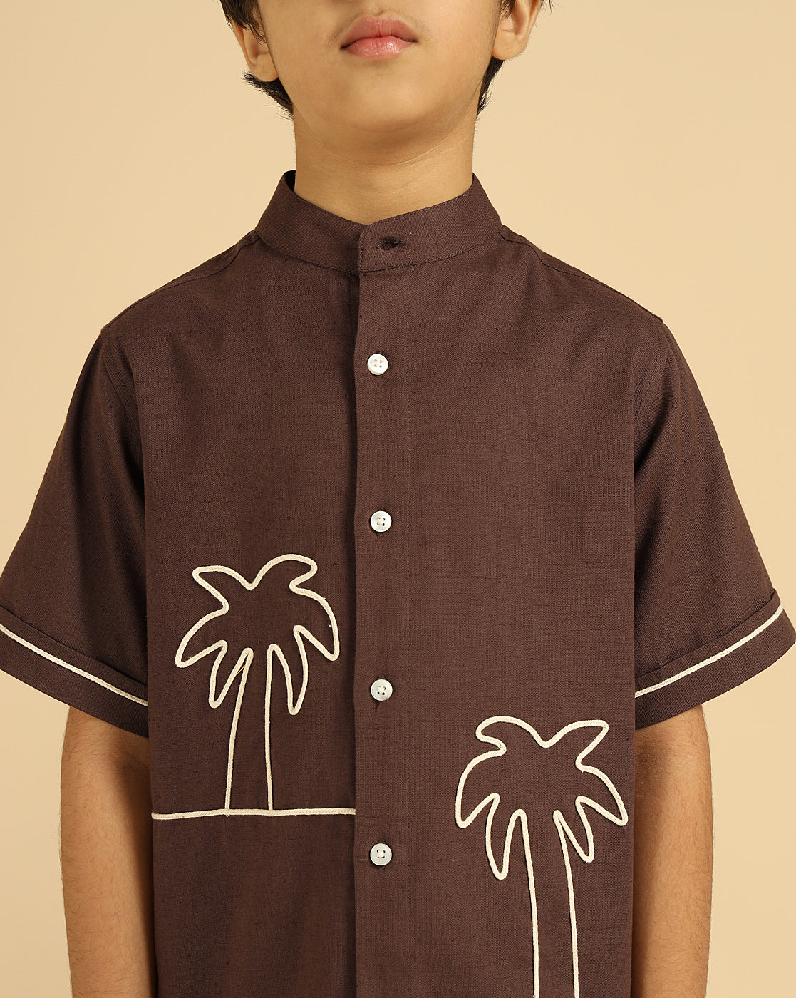 Brown Pure Cotton Embroidered Shirt With Shorts Boys Co-Ord Set