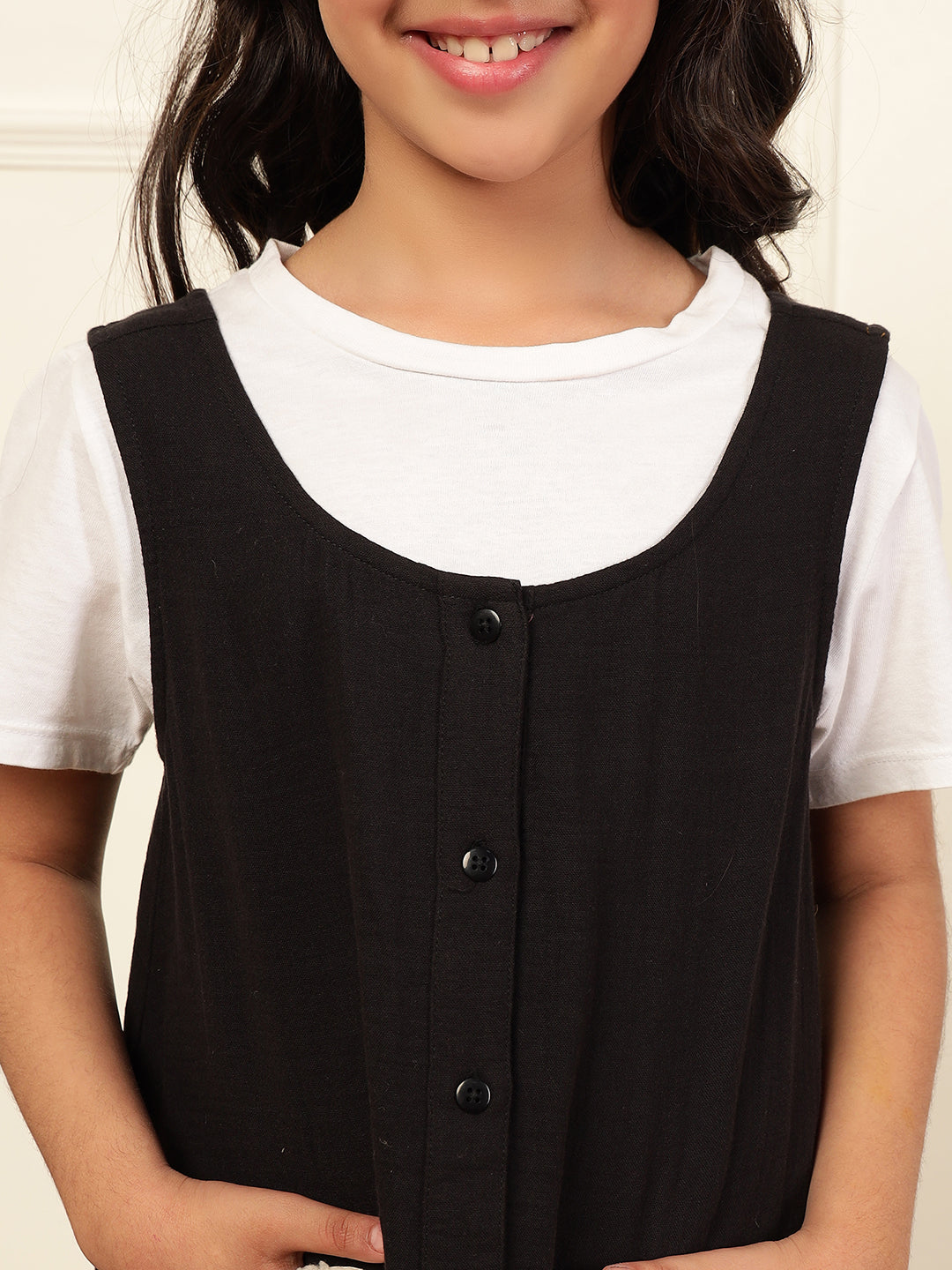 Black Cotton Gauze Dungaree Shirt Dress For Girls