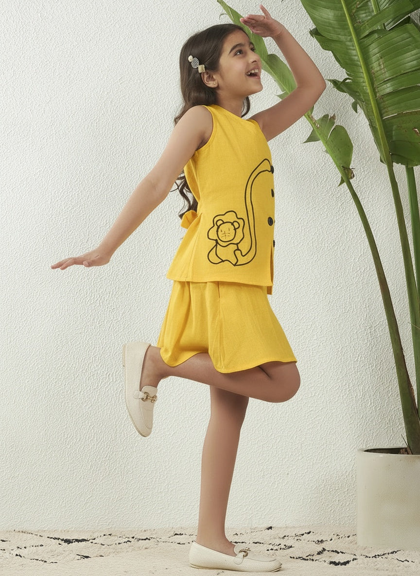 Yellow Cotton Flex V-Neck Top & Shorts