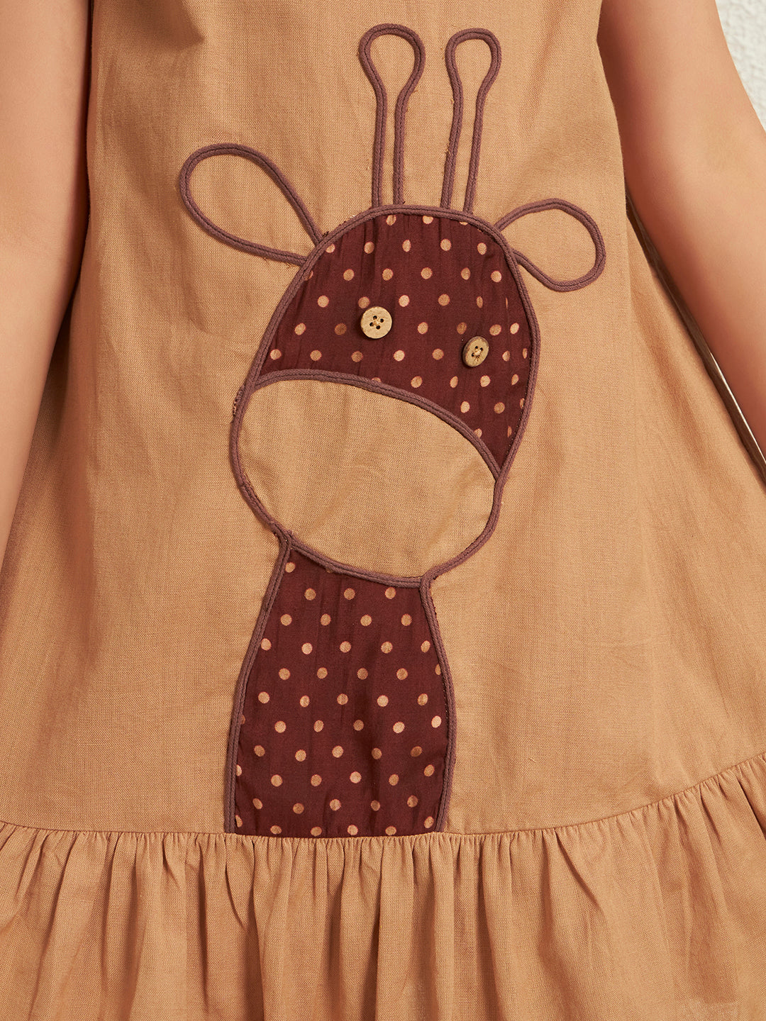 Girl's Beige Cotton Flex Solid With Polka Print Knee-Length A-Line Dress