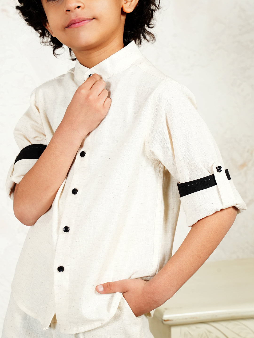 Off White Pure Cotton Flex Co-Ord Set For Boys