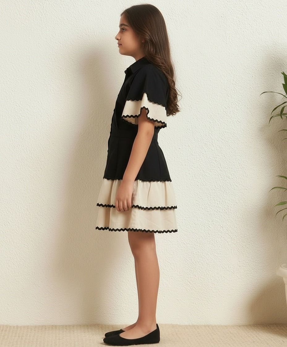 Border Lace Solid Shirt With Layered Skirt Girls Co-ord Set