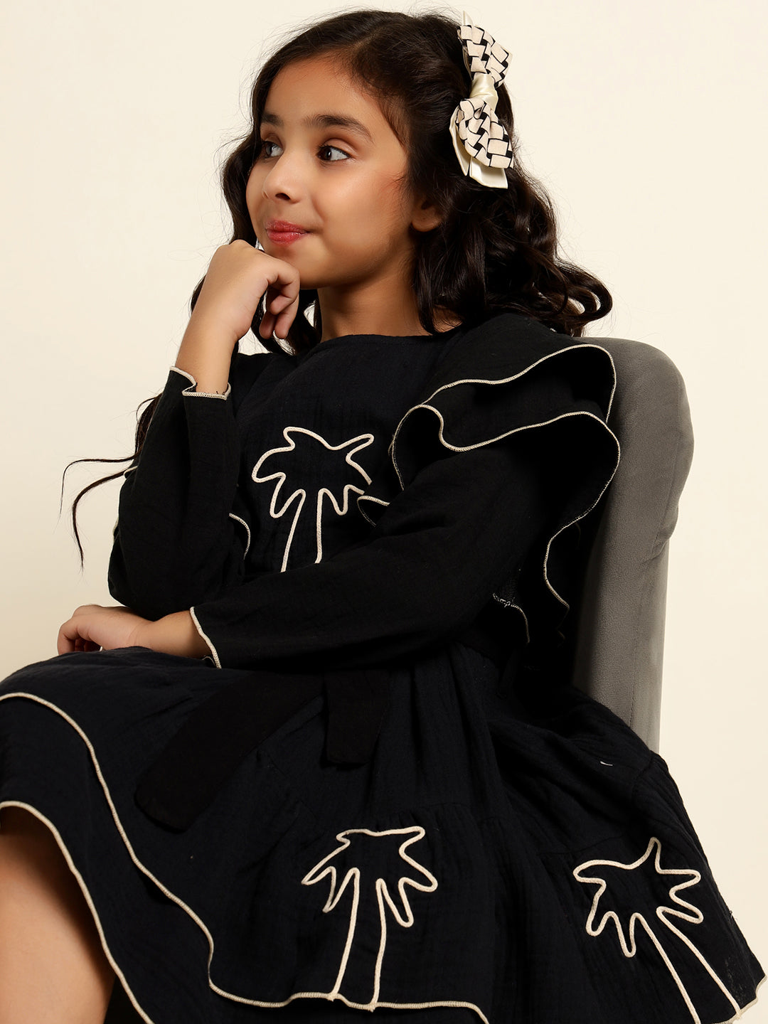 Black Embroidered Palm Motif Pure Cotton Dress For Girl